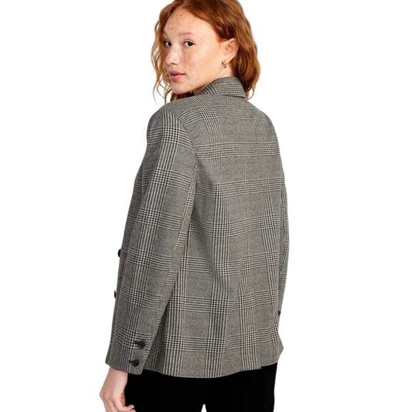 Old Navy Wool-like Double Breasted Blazer Women M Plaid Houndstooth Gray Office - Picture 7 of 16